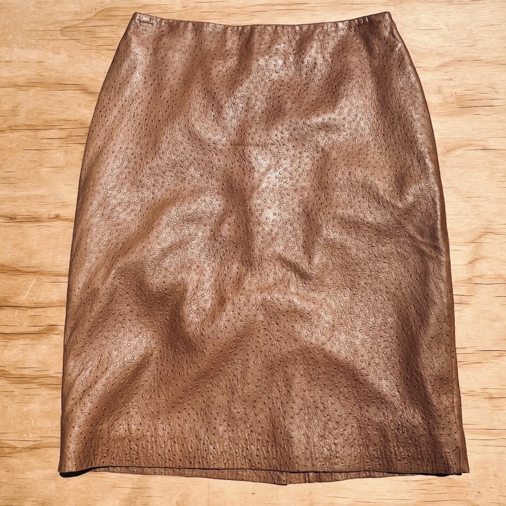 Margaret Godfrey Vintage Brown Ostrich Embossed Leather Pencil Skirt Size 4 4788